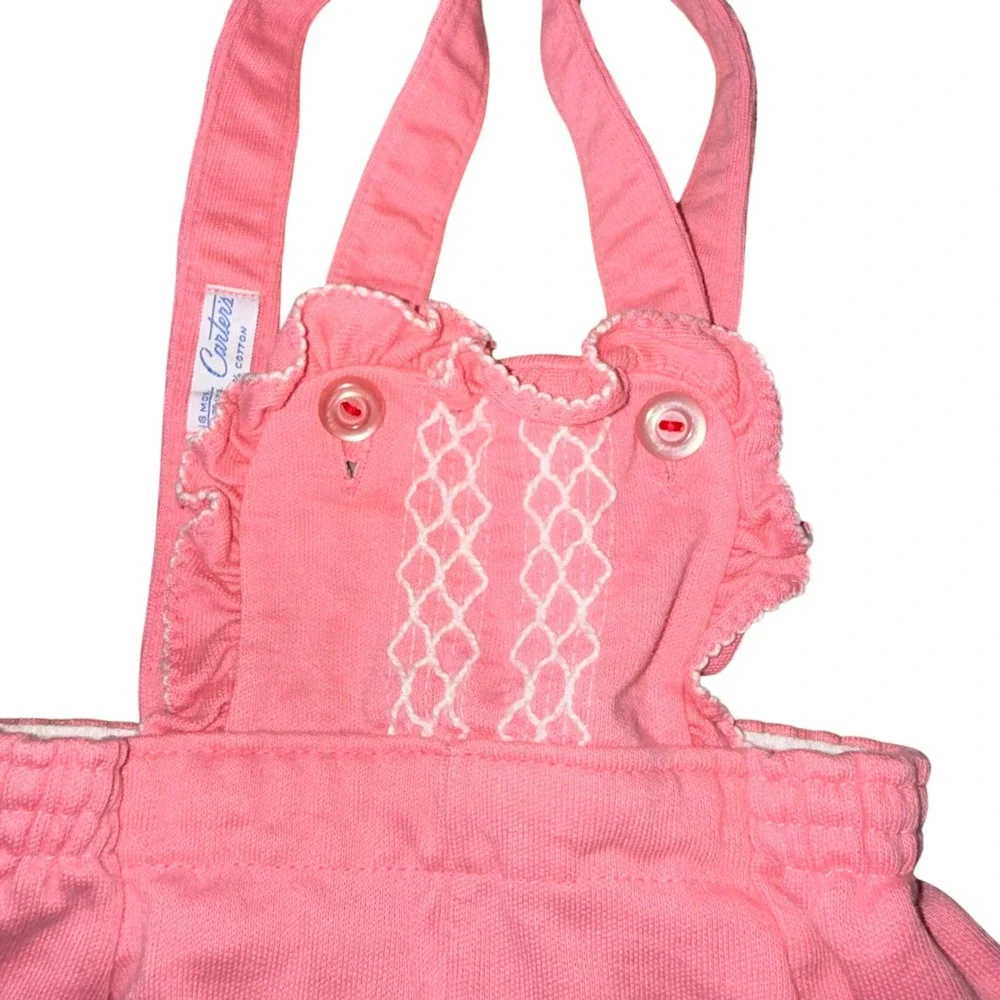 Carter's Vintage 1970s Overalls 18M Pink Smocked Ruffle Cotton Knit Snaps
